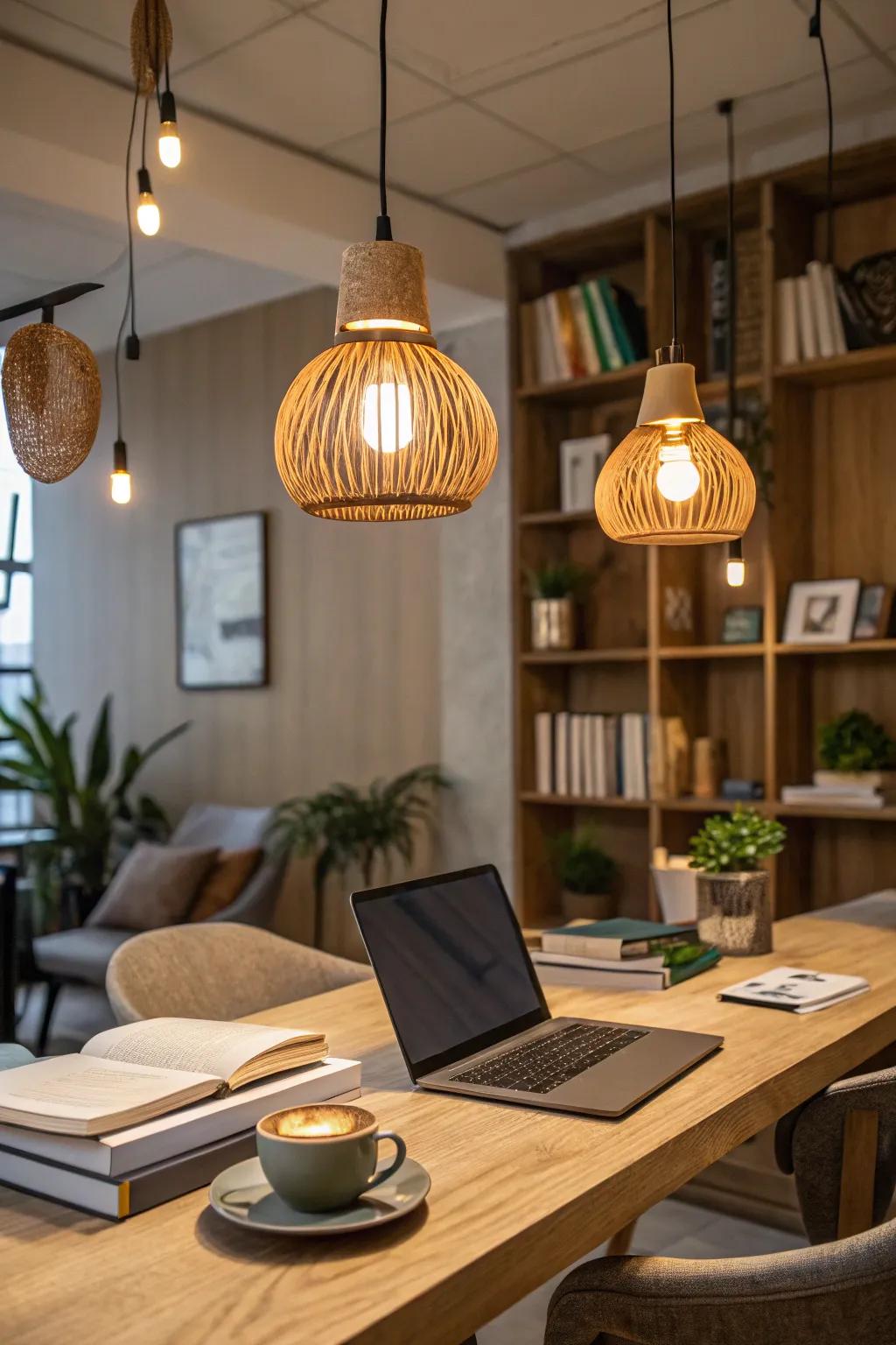 Craft a warm atmosphere with wooden pendant lighting.