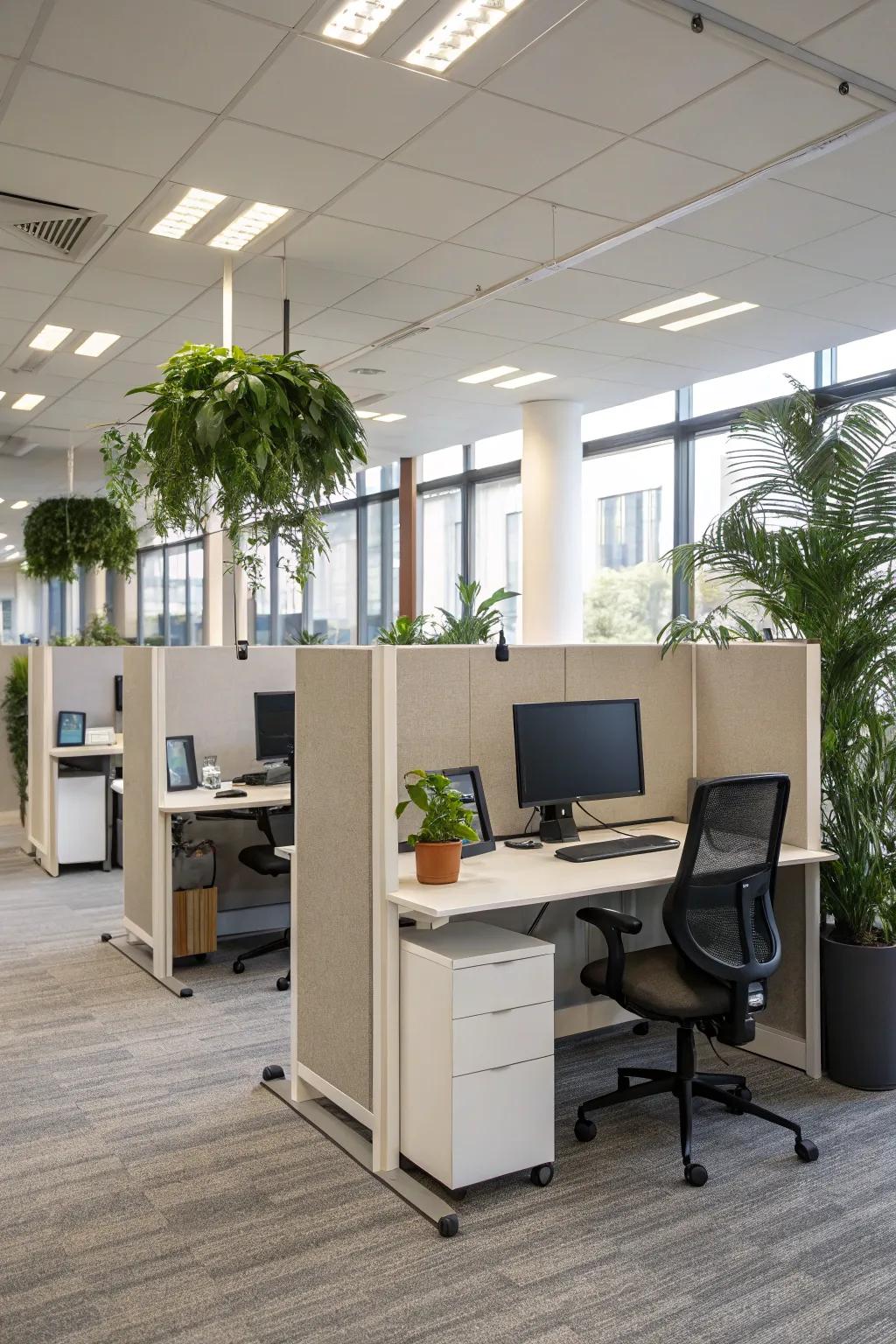 Standing desks with screens support focus.