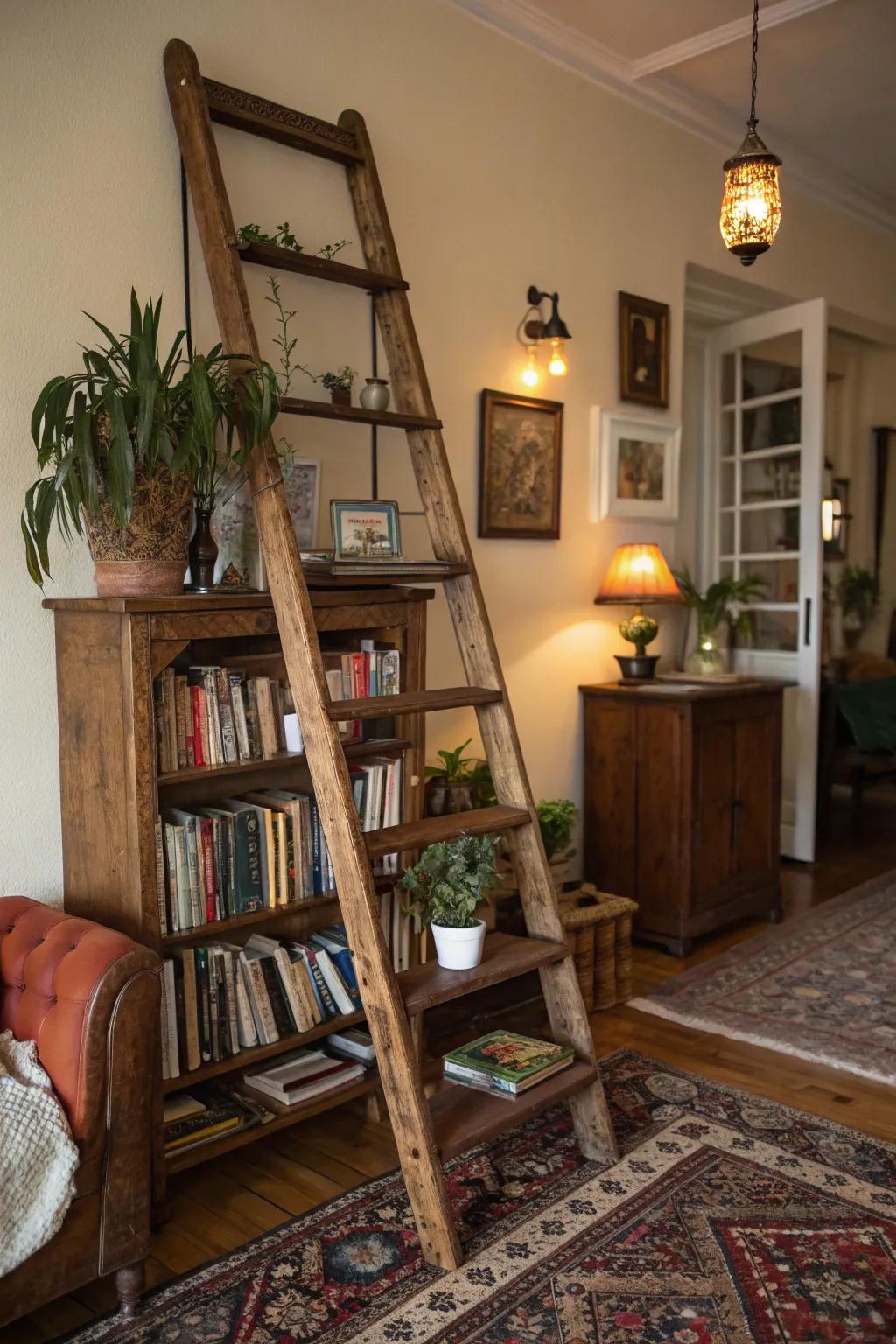 Vintage ladders repurposed as unique shelving.