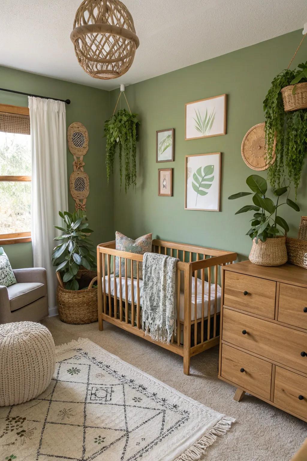 A nurturing nursery featuring peaceful leafy green walls.