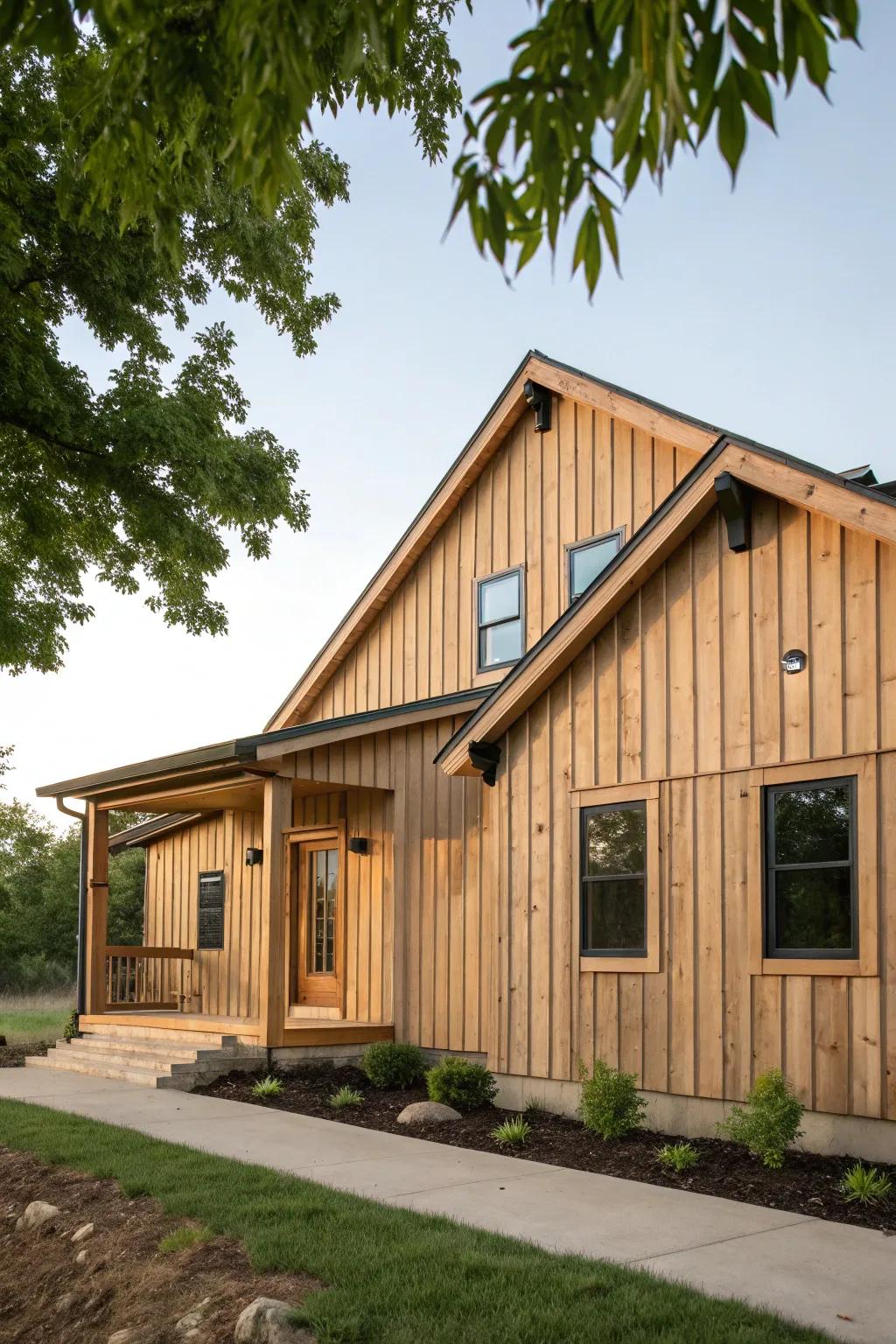 Plank and board siding adds vertical interest and charm.