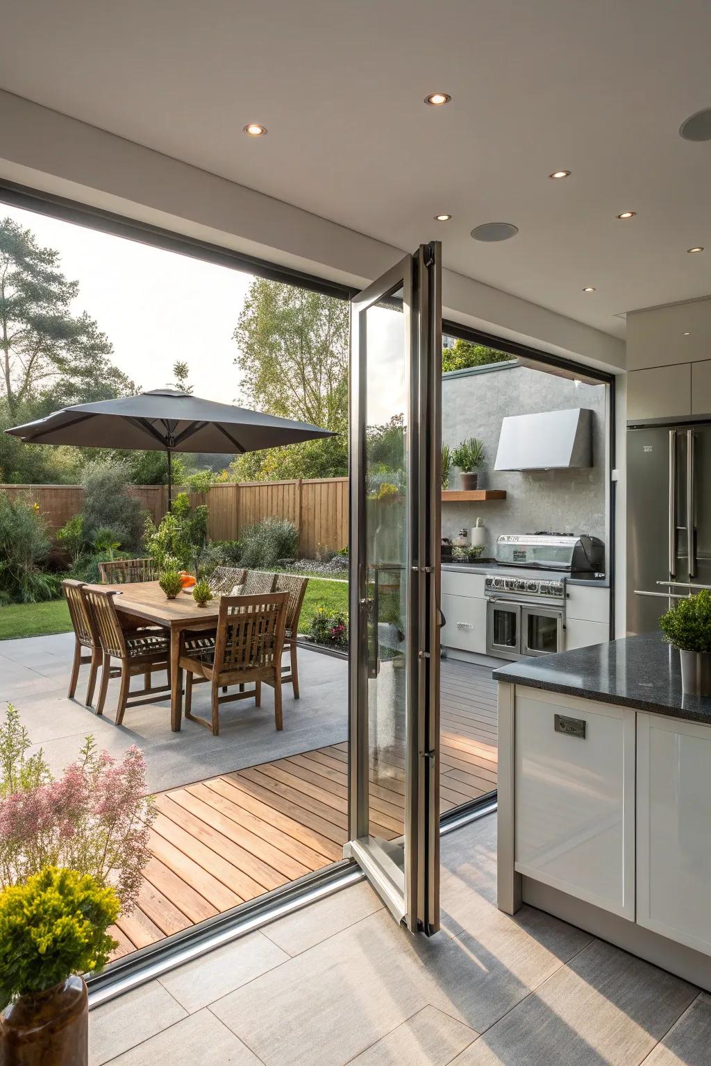 Glass doors create a smooth transition between indoor and outdoor spaces.