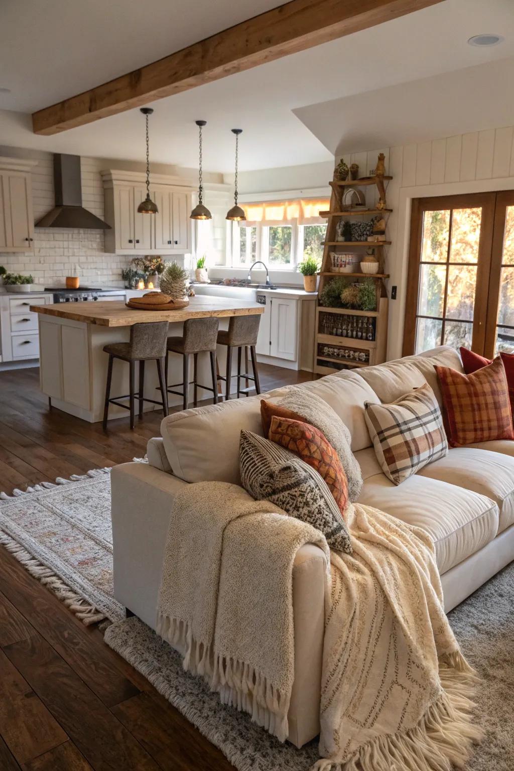 Snug textiles inject warmth and comfort into an open dwelling space.