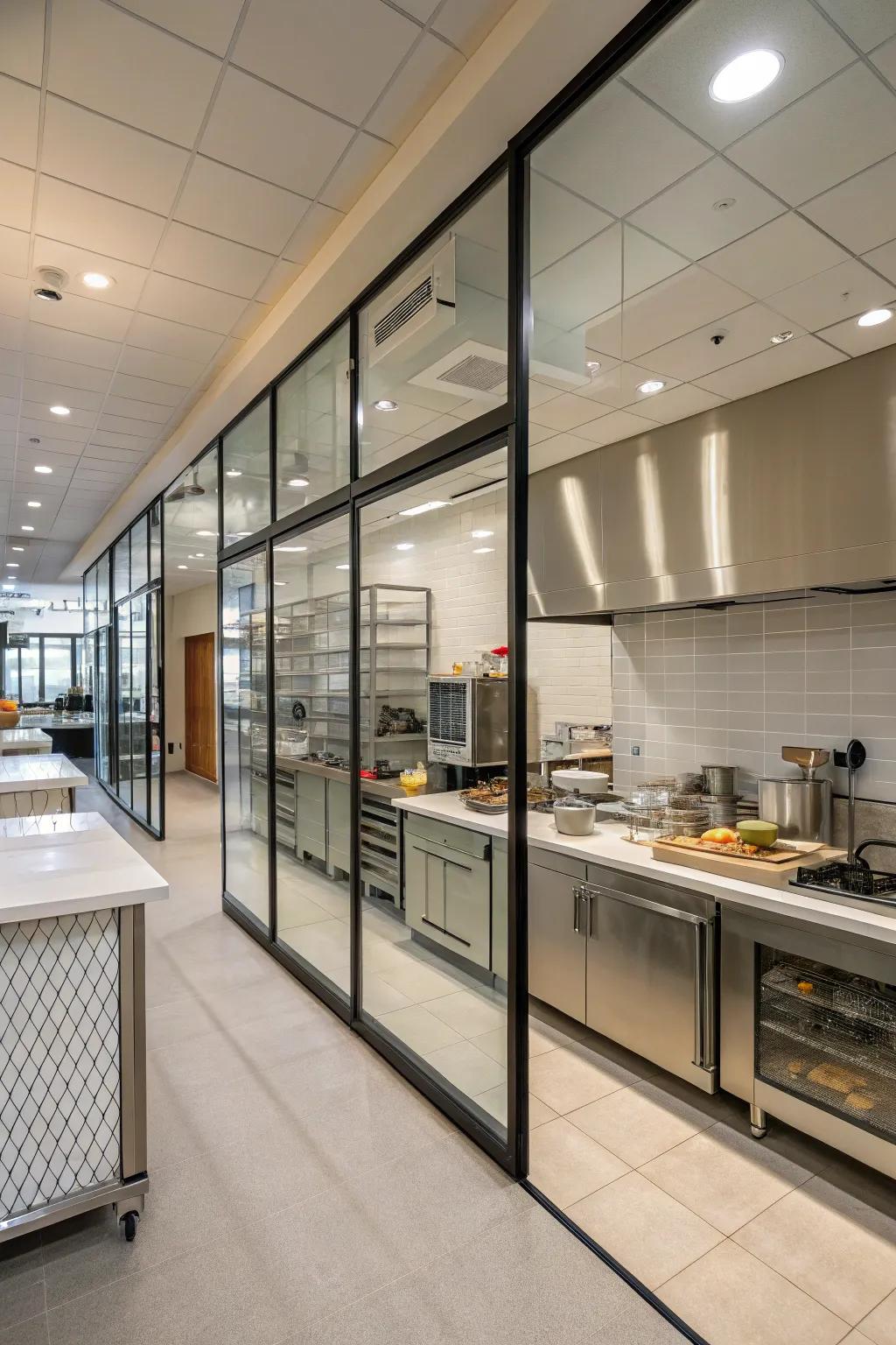 Glazed partitions sustain spaciousness while extending unobtrusive partition.