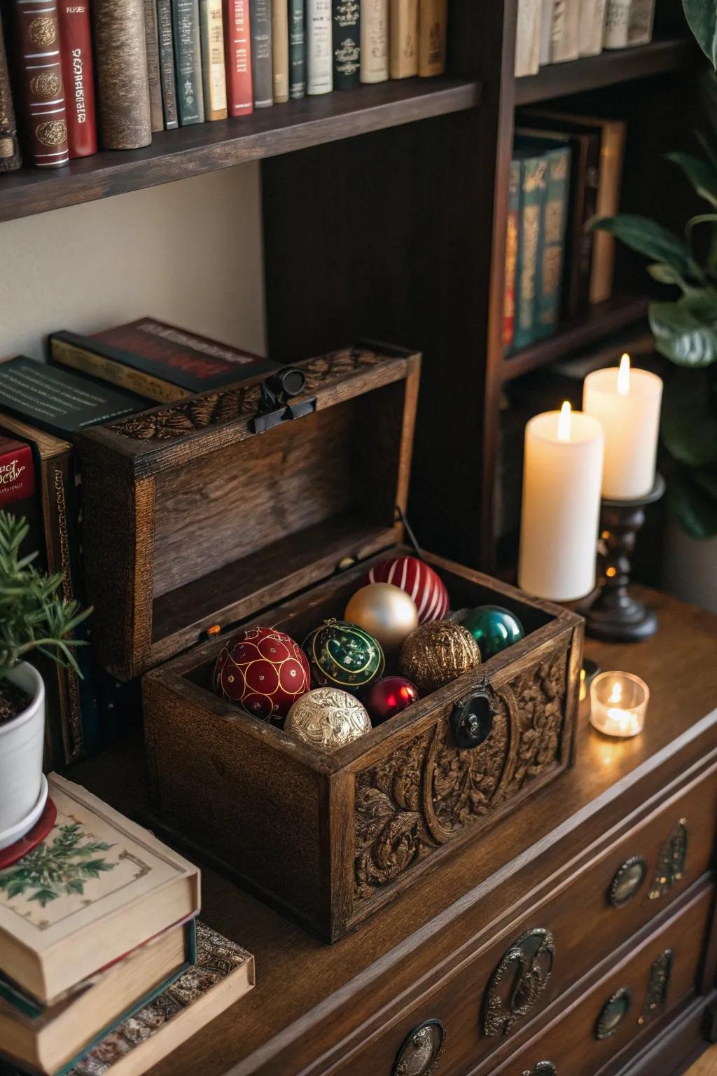 A nostalgic ornament display employing an antique box.