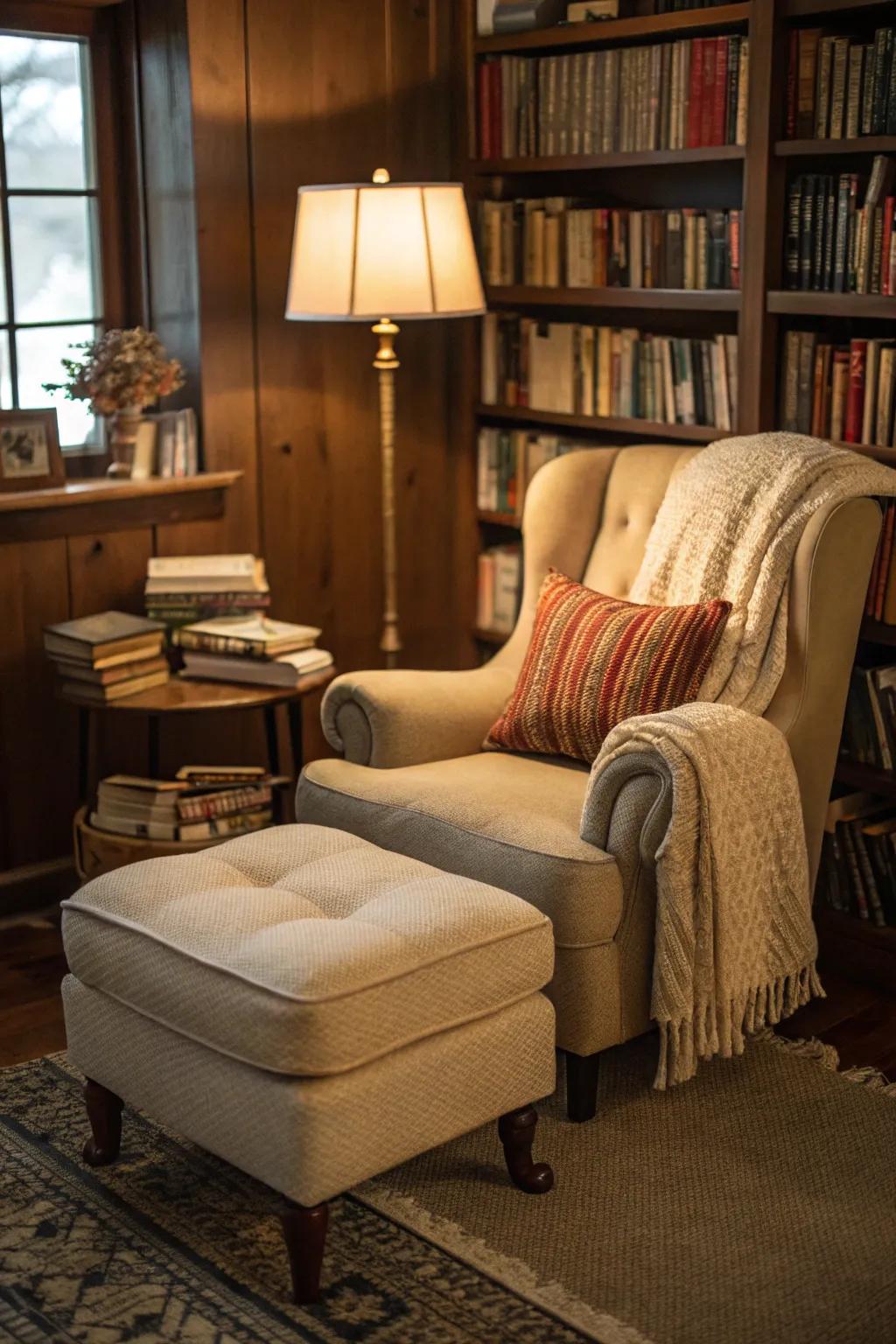 A comfy ottoman fitting for a reading nook