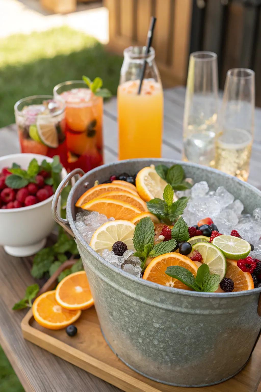 An ice pail with fruit toppings contributes a fresh element.