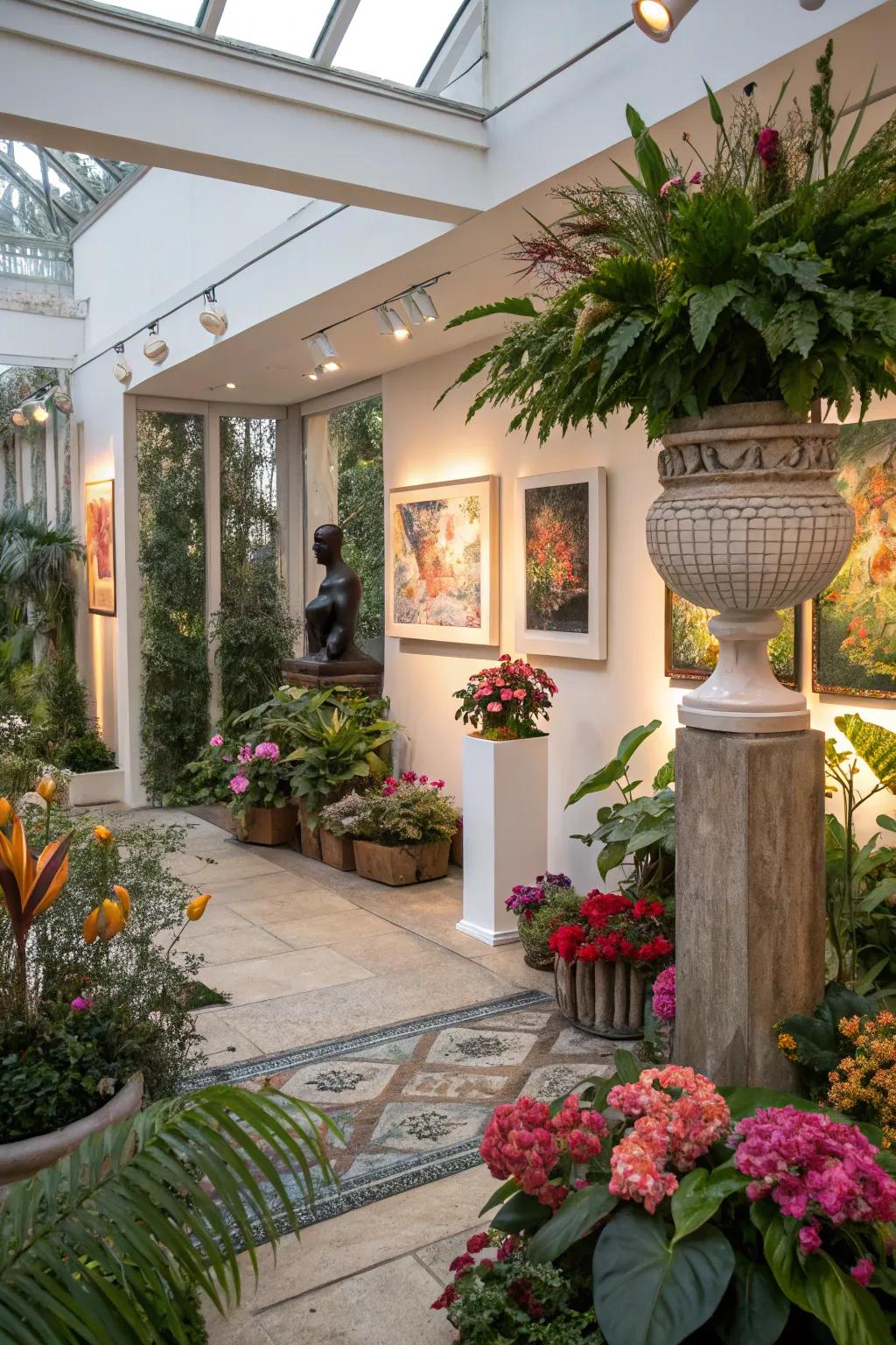 Art displays adding a unique flair to a garden room.
