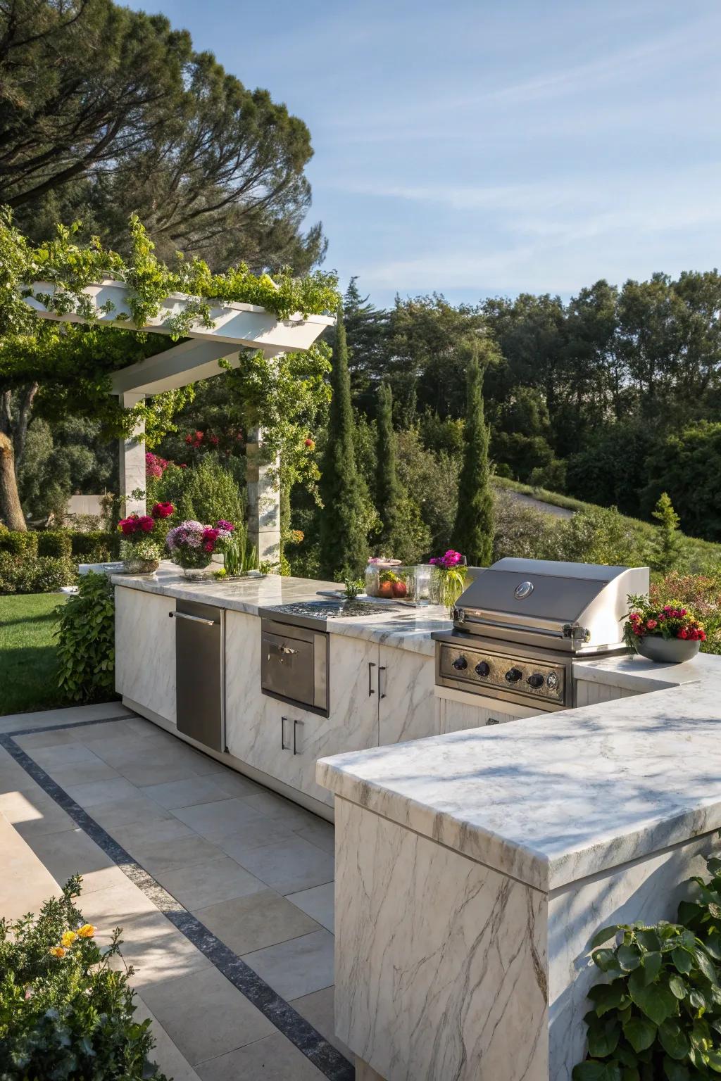 Stone counters add class and strength to your outdoor grill area.