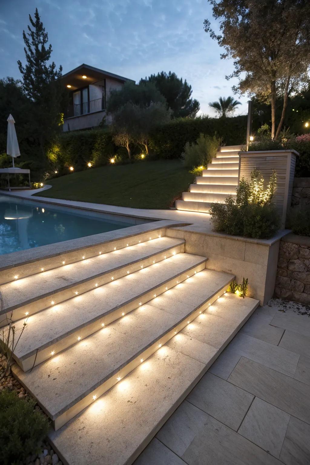 Step lamps assure safe navigation while maintaining visual harmony.