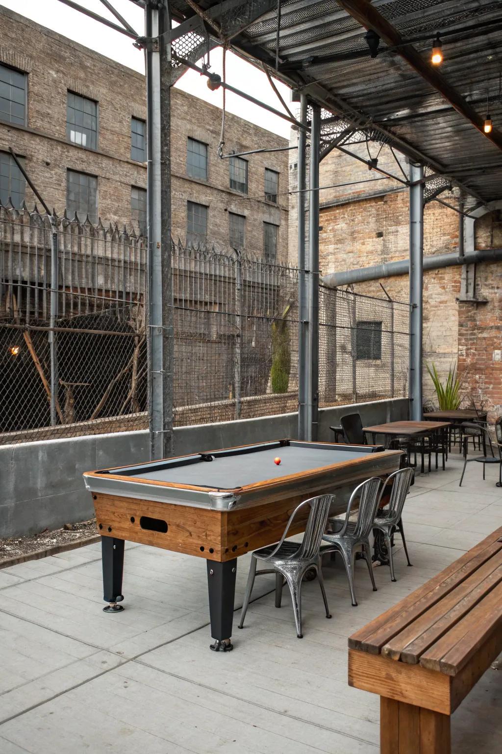 An industrial-style game table area with metal and timber features.
