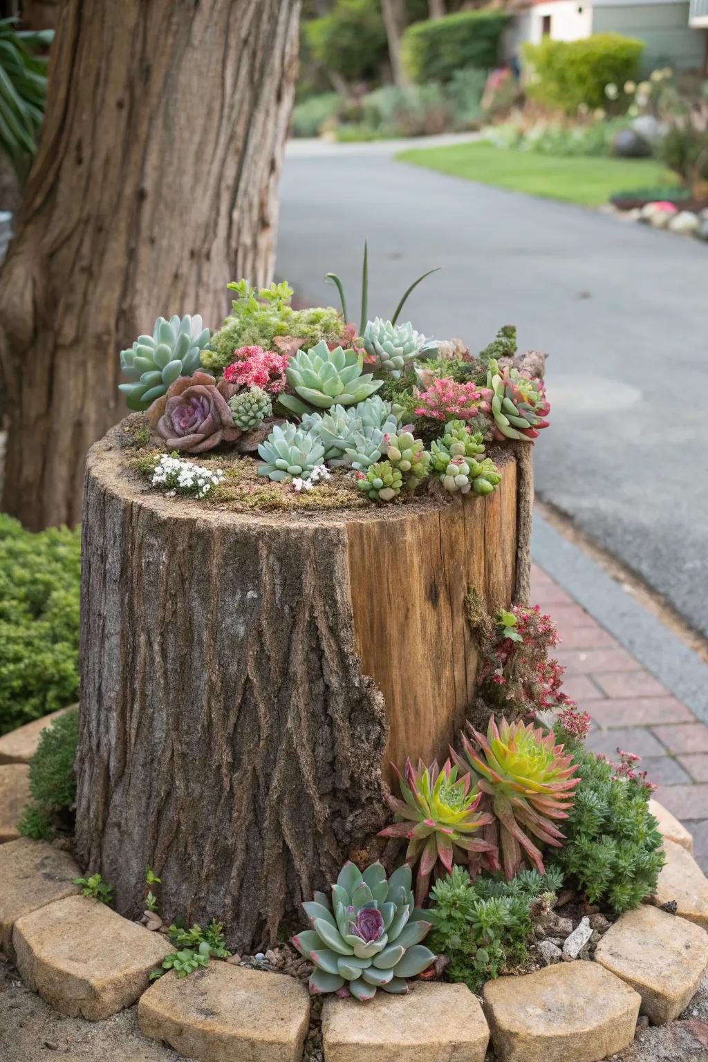 A desiccation-resistant garden atop a stump appends texture and intrigue.