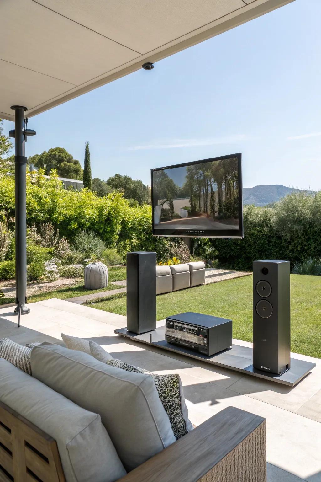Smart technology revolutionizes your outdoor television area into a high-tech haven.