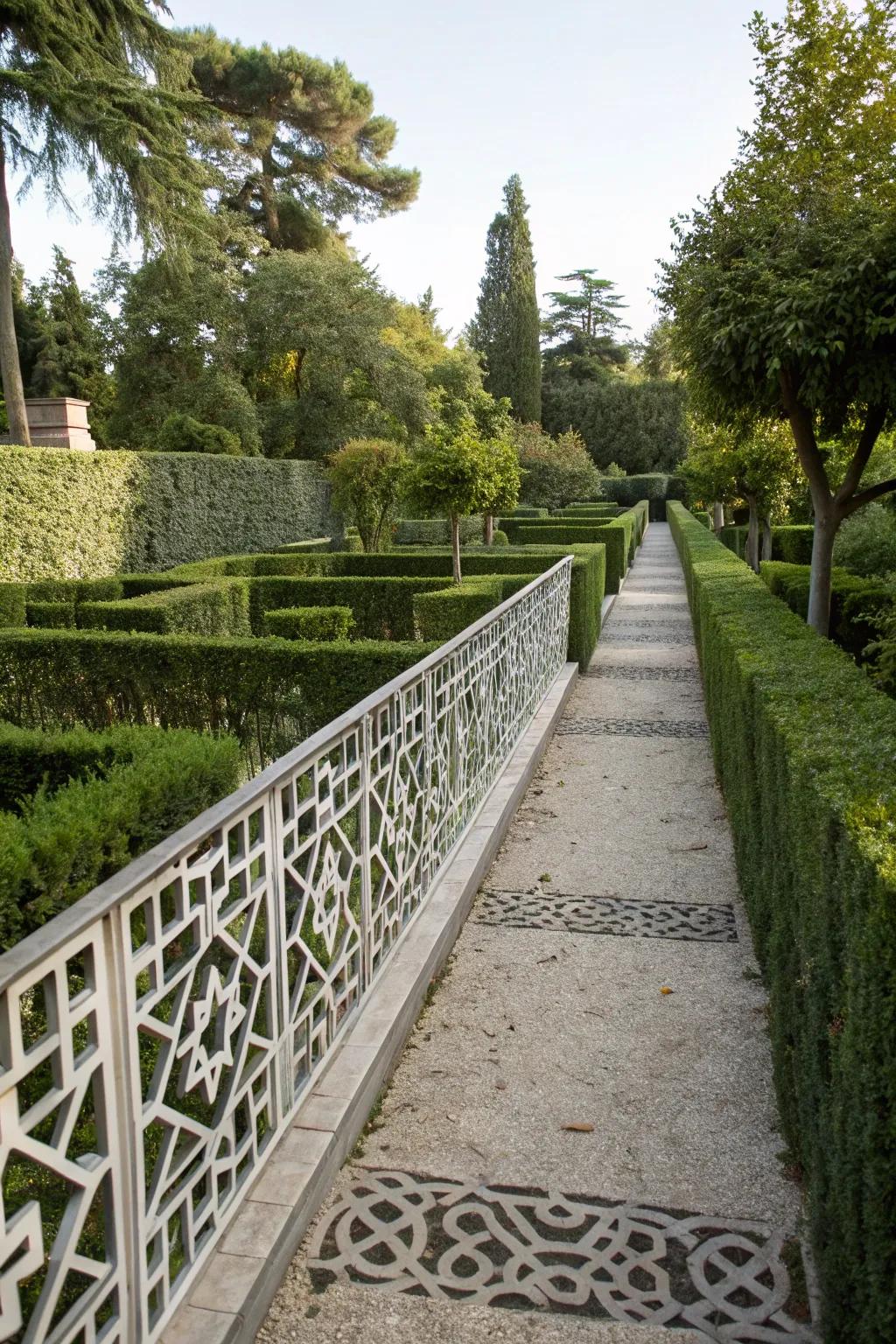 Geometric patterns add a modern flair to walkway boundaries.