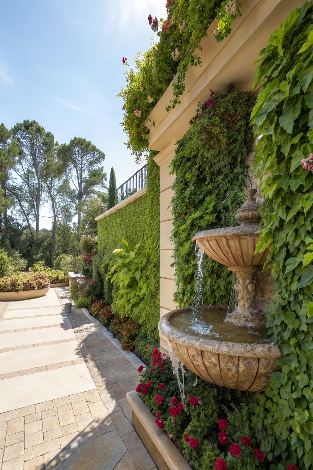 Vertical gardens evoke a lush effect alongside wall fountains.