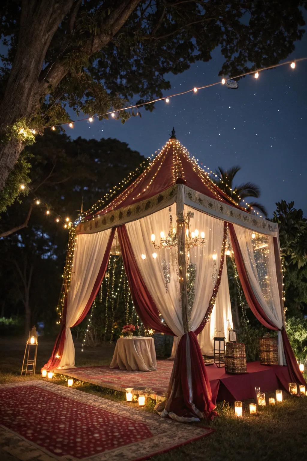 A starry night theme transforms the tent into a celestial wonder.