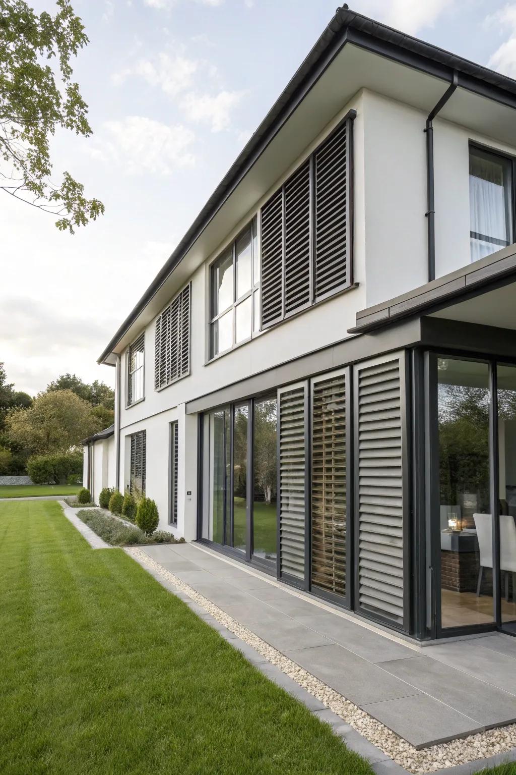 Modern residence featuring durable composite shutters.
