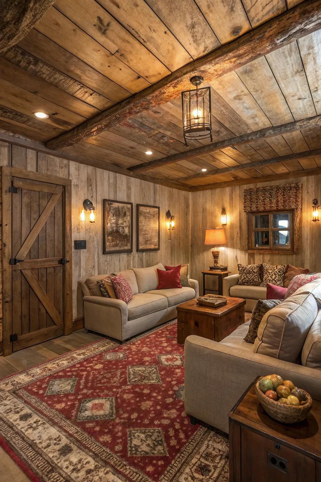 Distressed wood panels inject countryside charm.
