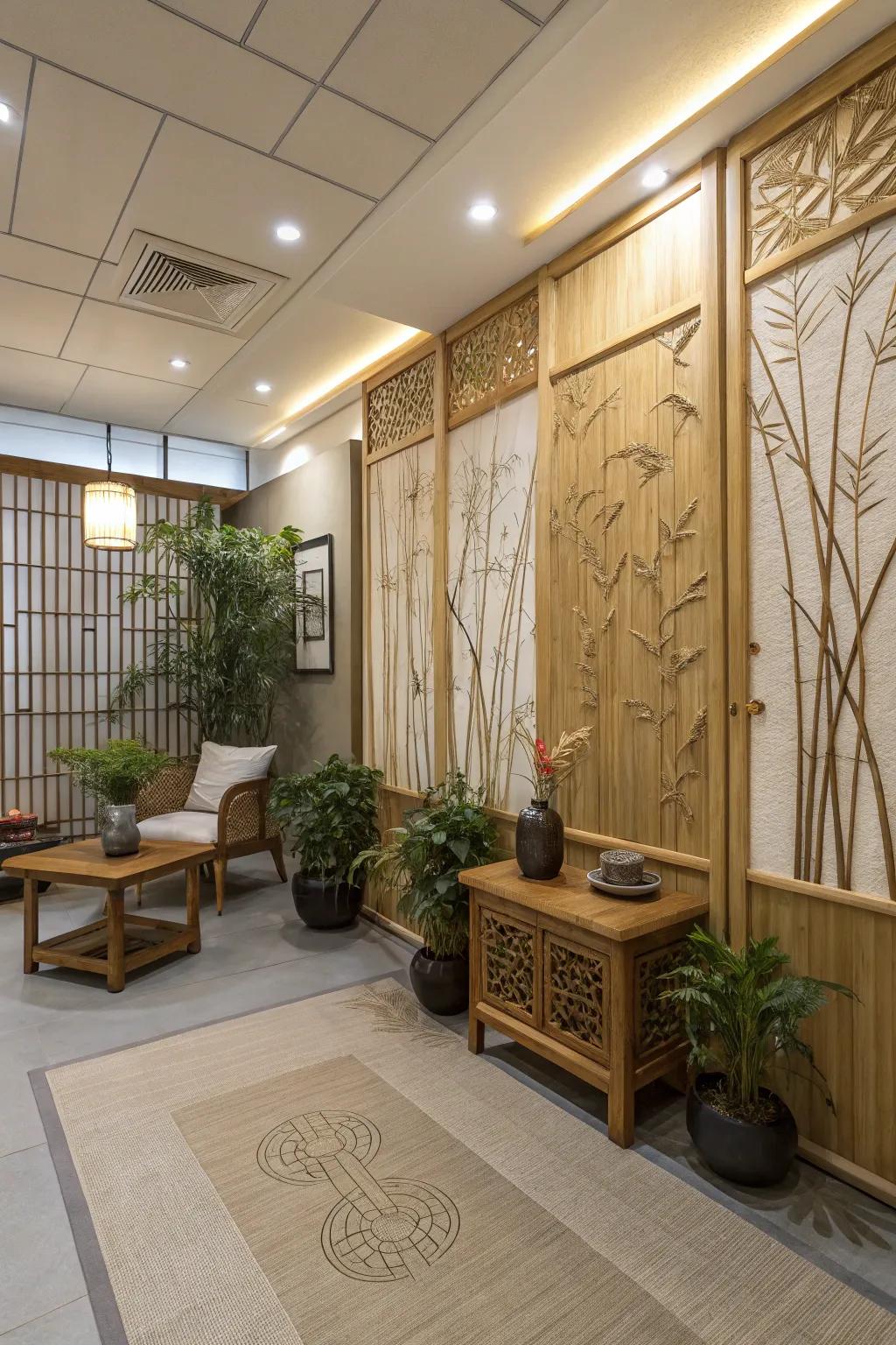 Room showcasing natural bamboo texture panel designs.