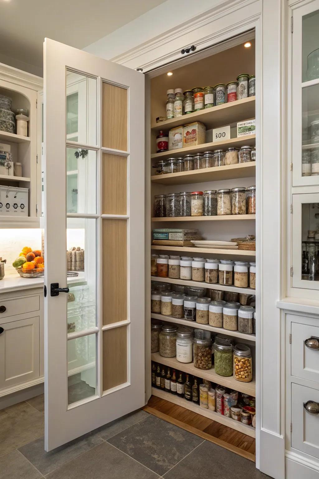A pantry featuring wide doors, providing a dramatic and accessible entrance.