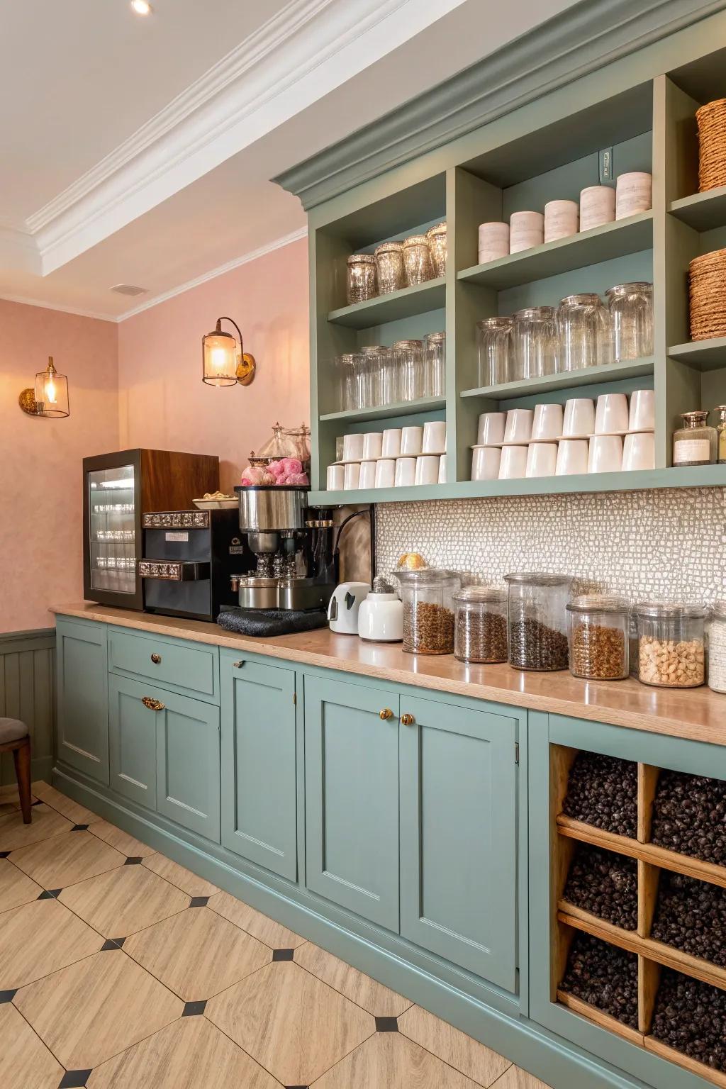A harmonious color theme instills balance and elegance in the coffee bar.