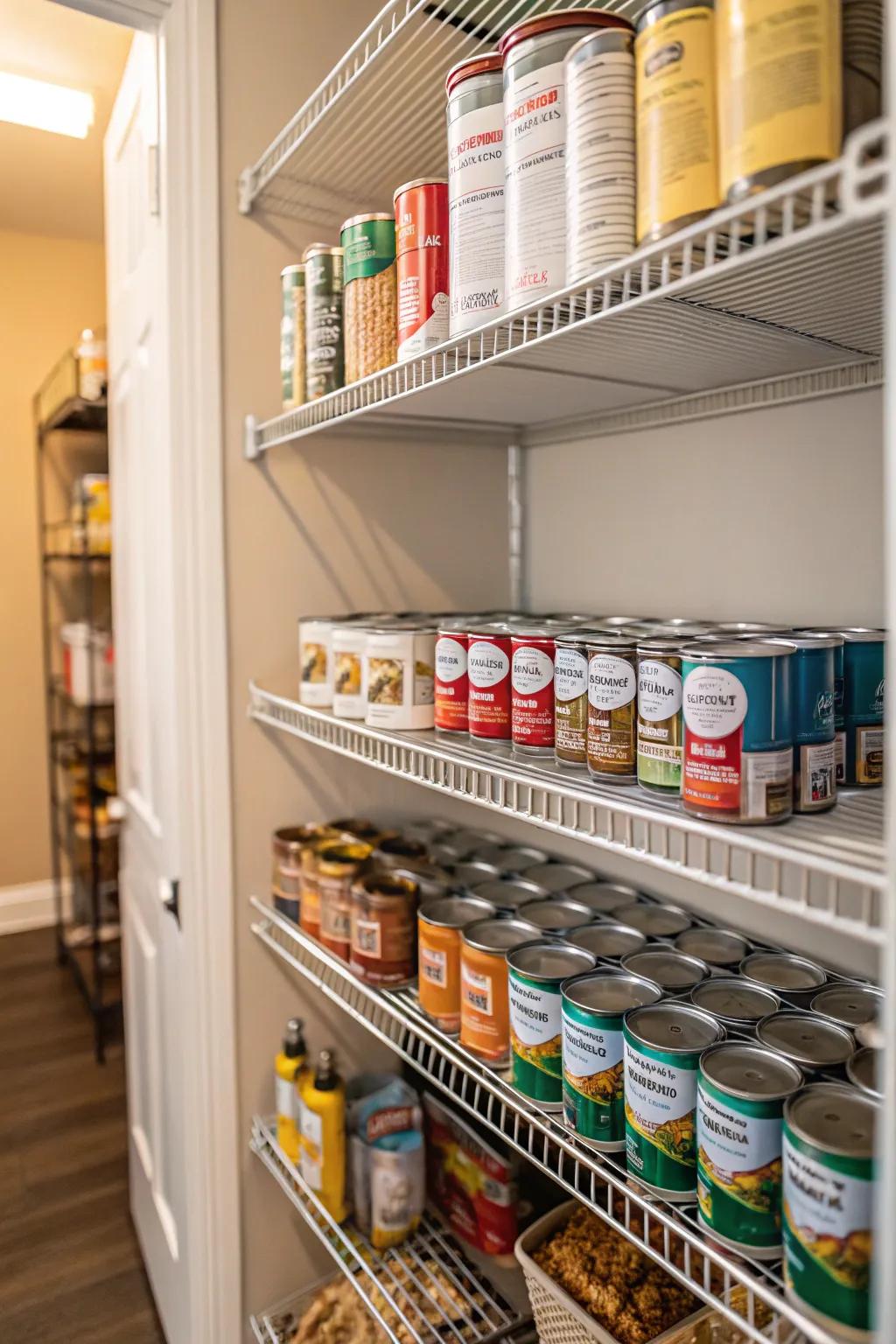 Tinned goods racks inside a pantry ensure organized and simple access to tins.