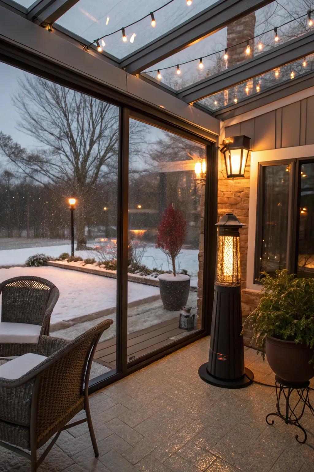 Stay cozy by adding warming solutions in your glass structure.