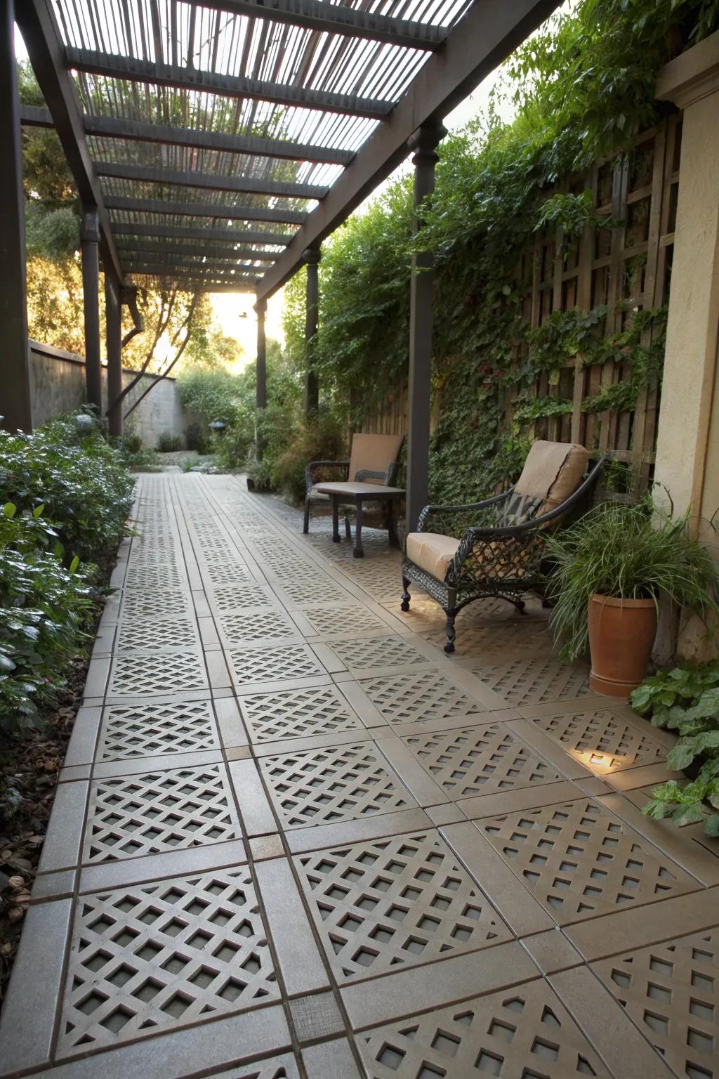 Fretwork segments as decking append singular texture to your patio.