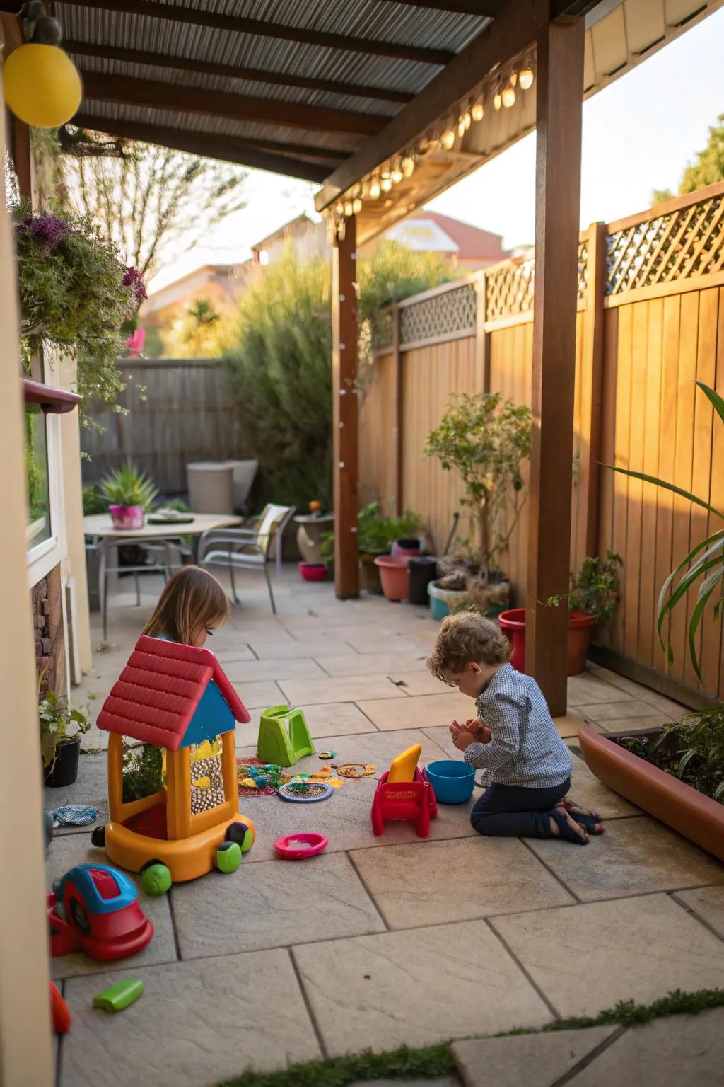 A specialized play zone renders your patio kid-friendly and delightful.