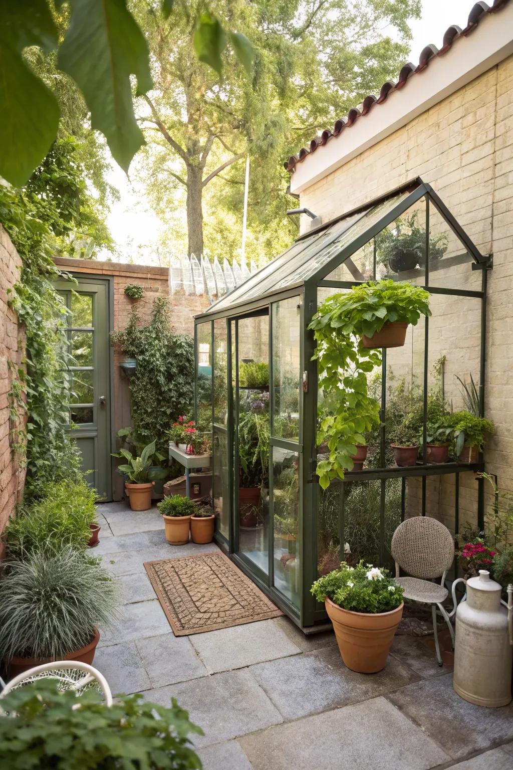 A small greenhouse is ideal for growing plants on a small patio.