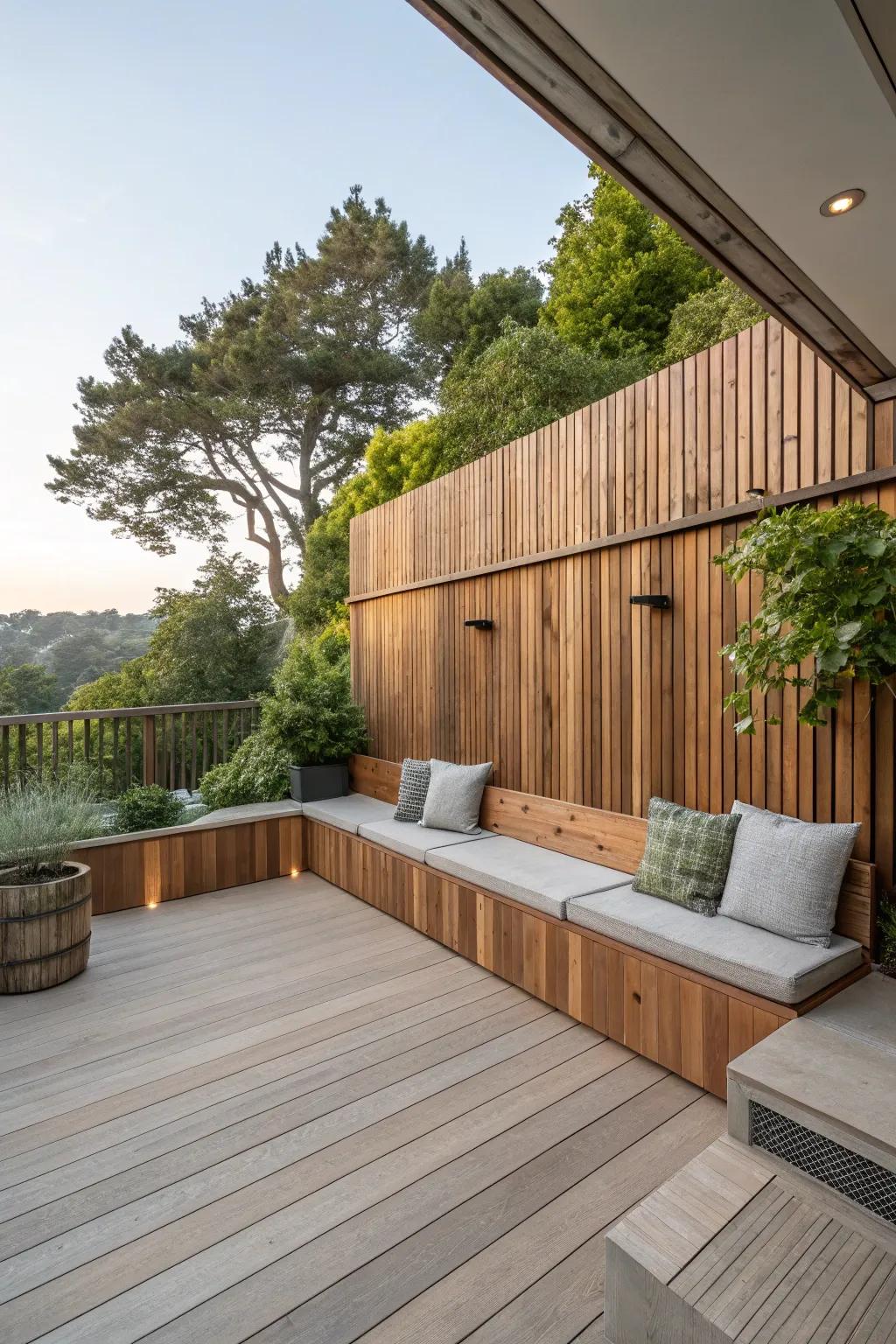 A patio featuring a timber wall and integrated seating.