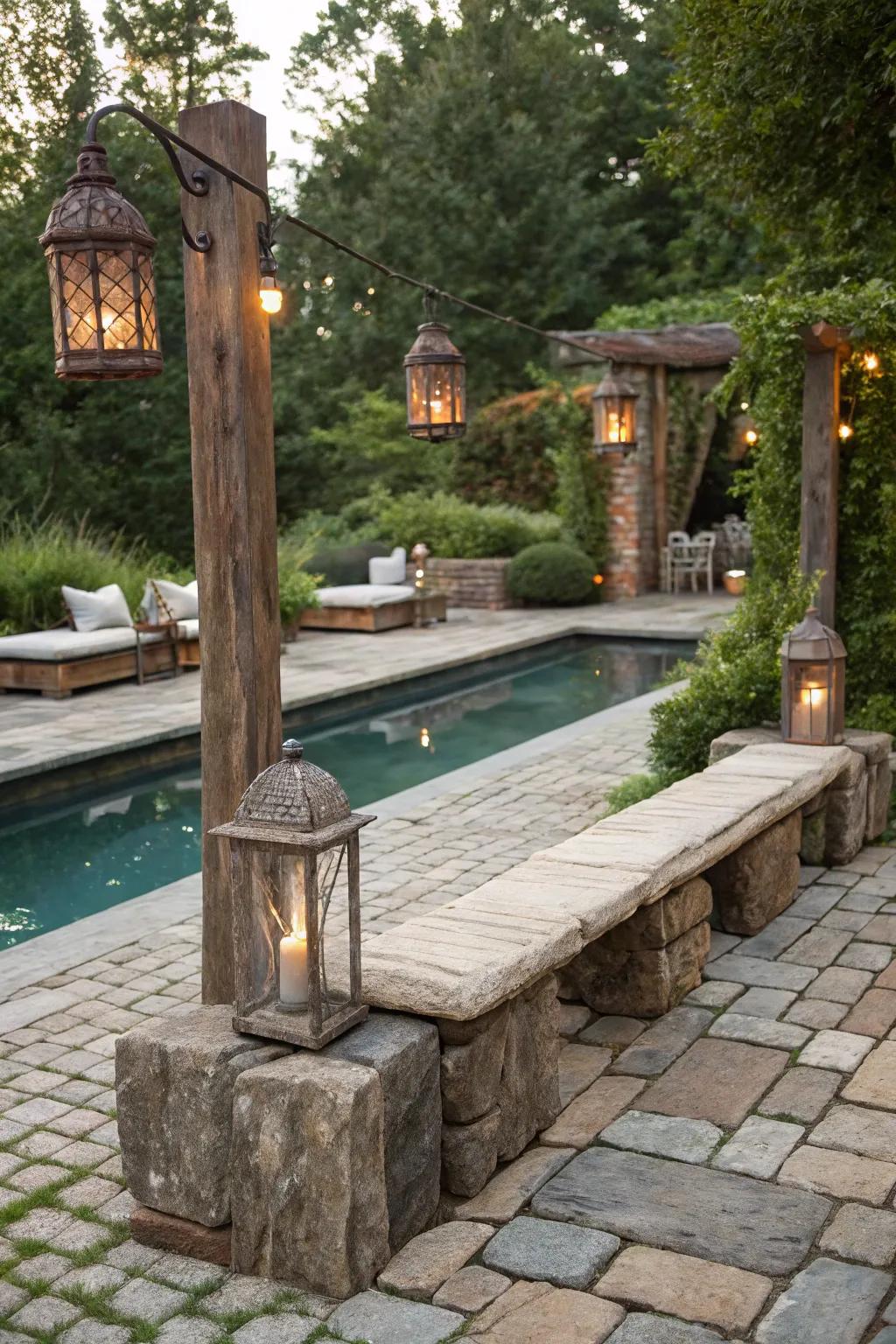 Cobblestone pavers add a quaint, historic charm to the poolside.
