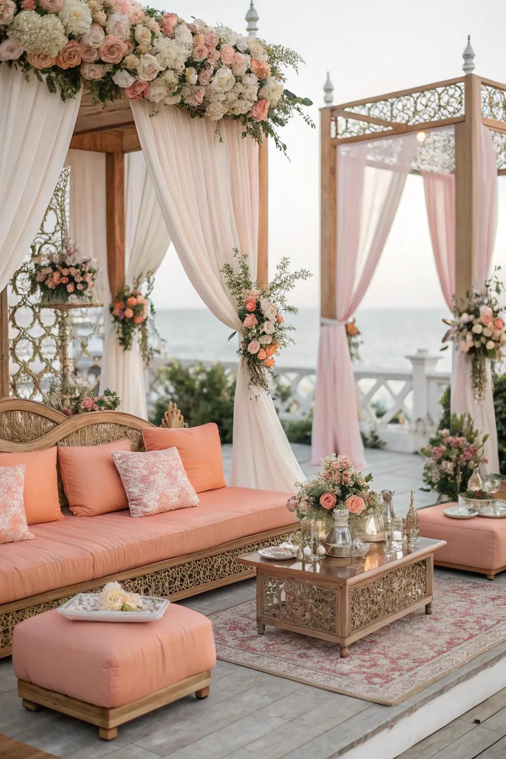 Chic peach seating formations geared towards a cohesive theme.