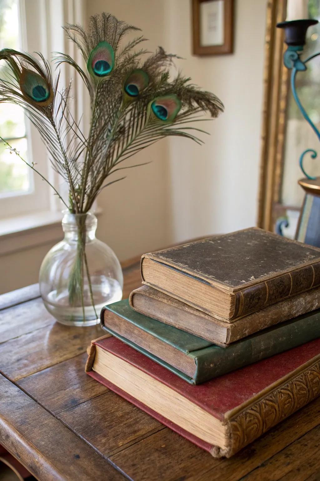 A scholarly focal point featuring literature and avian plumes.