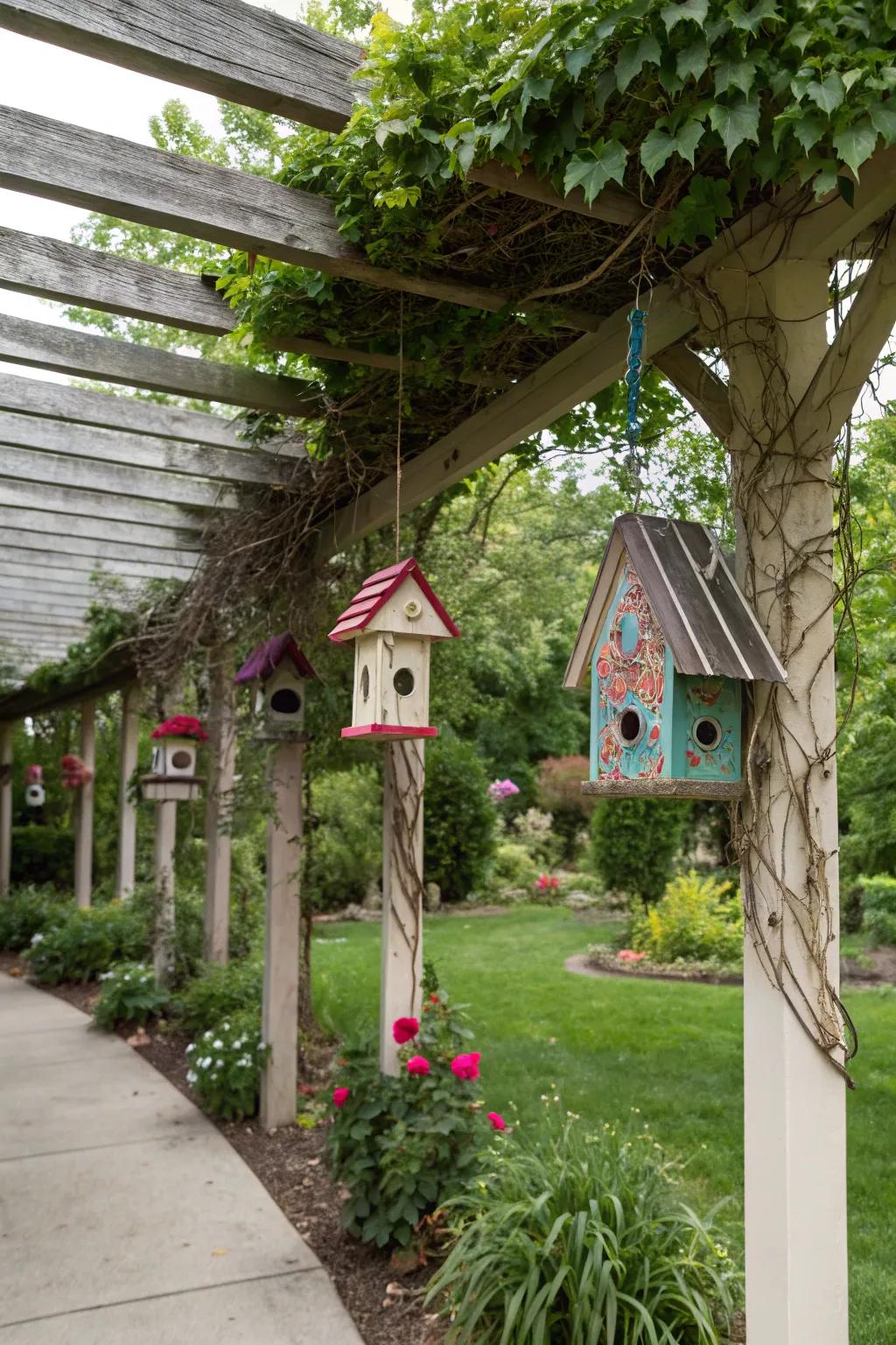 Aviary dwellings add appeal and entice nature's melodies to your pergola.