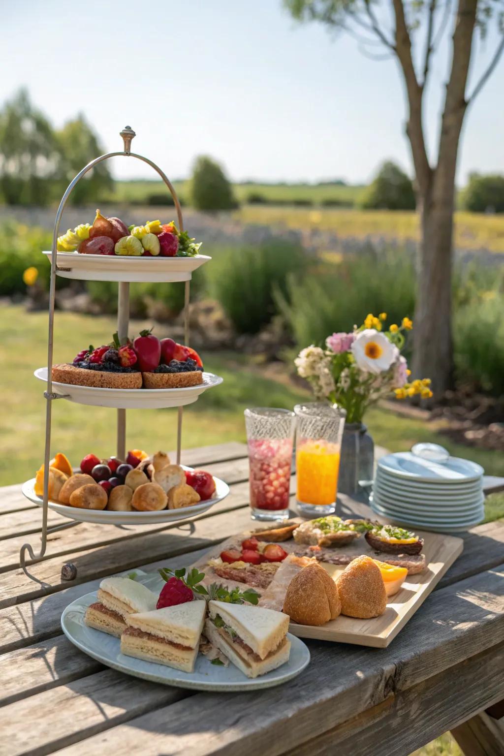 Tiered displays add elevation and elegance to this beautifully arranged picnic table.