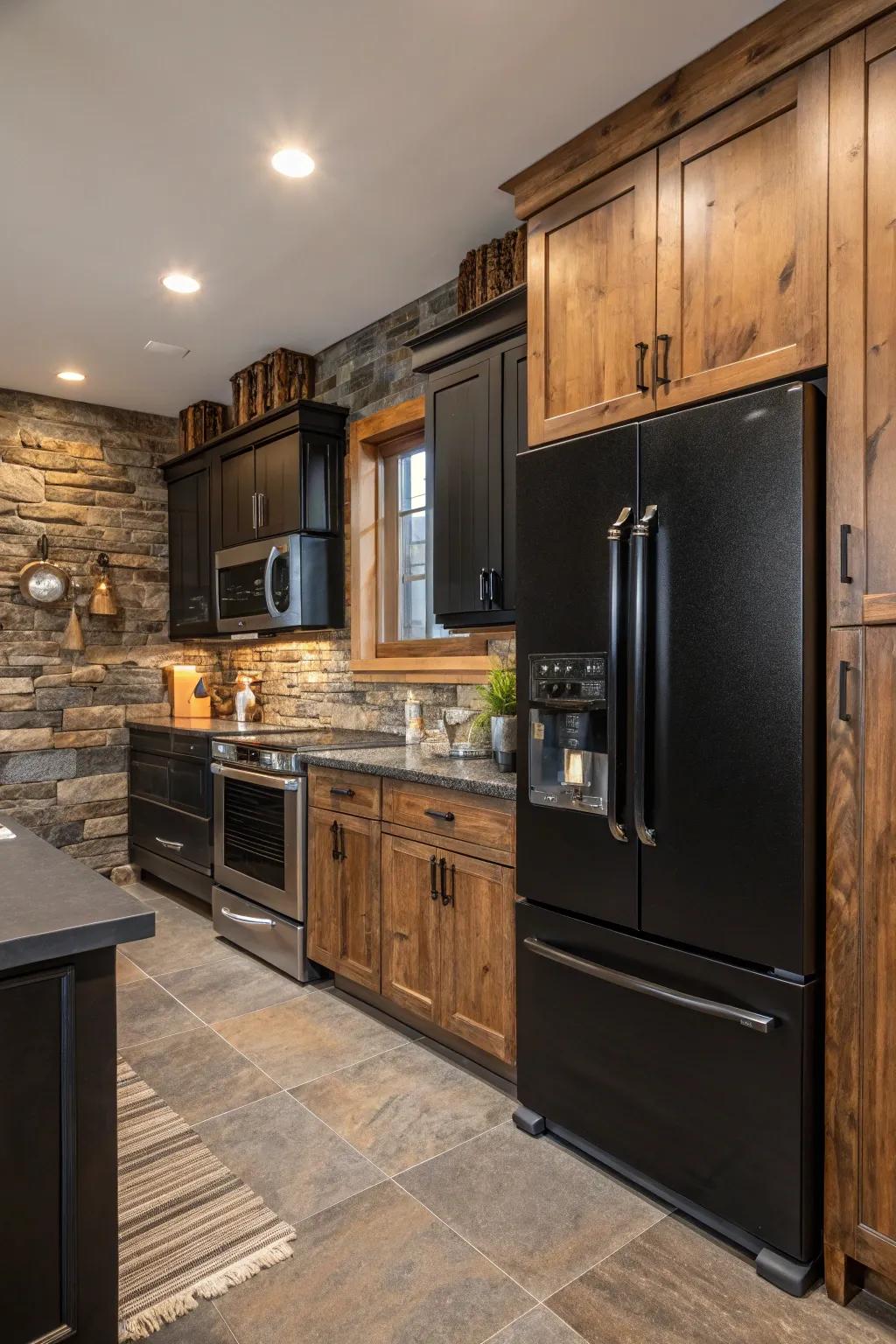 Diverse materials craft a rich and inviting cooking space.