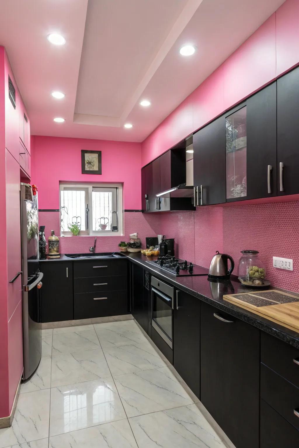 Rose walls add warmth and vibrancy to the cooking area.