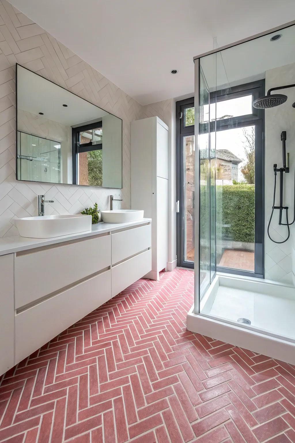 Rose herringbone floors evoke visual intrigue.