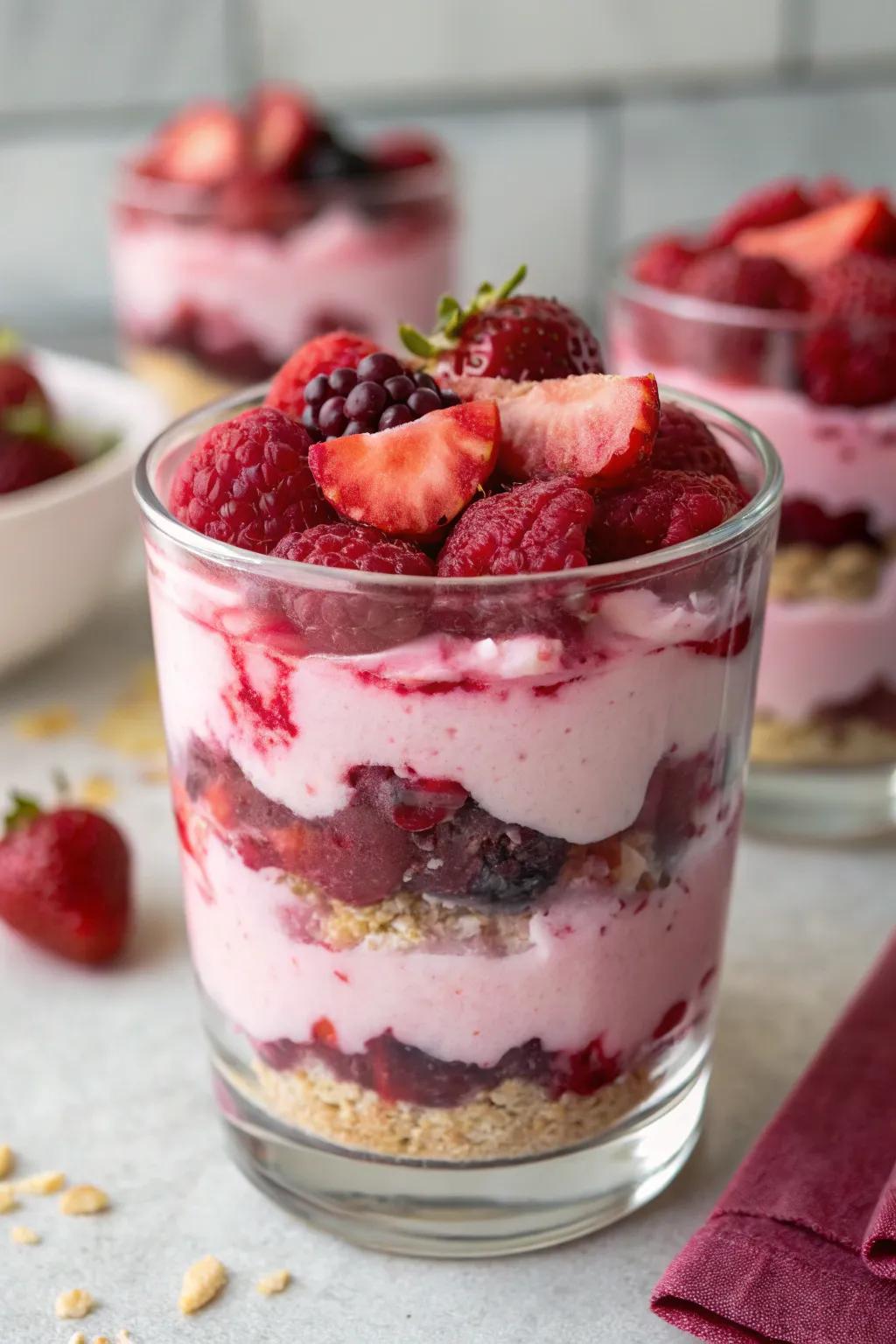 A rosy berry creation is a layered and delightful treat.