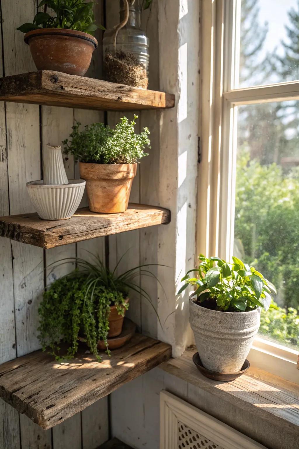 Rustic elements create a cozy plant nook.