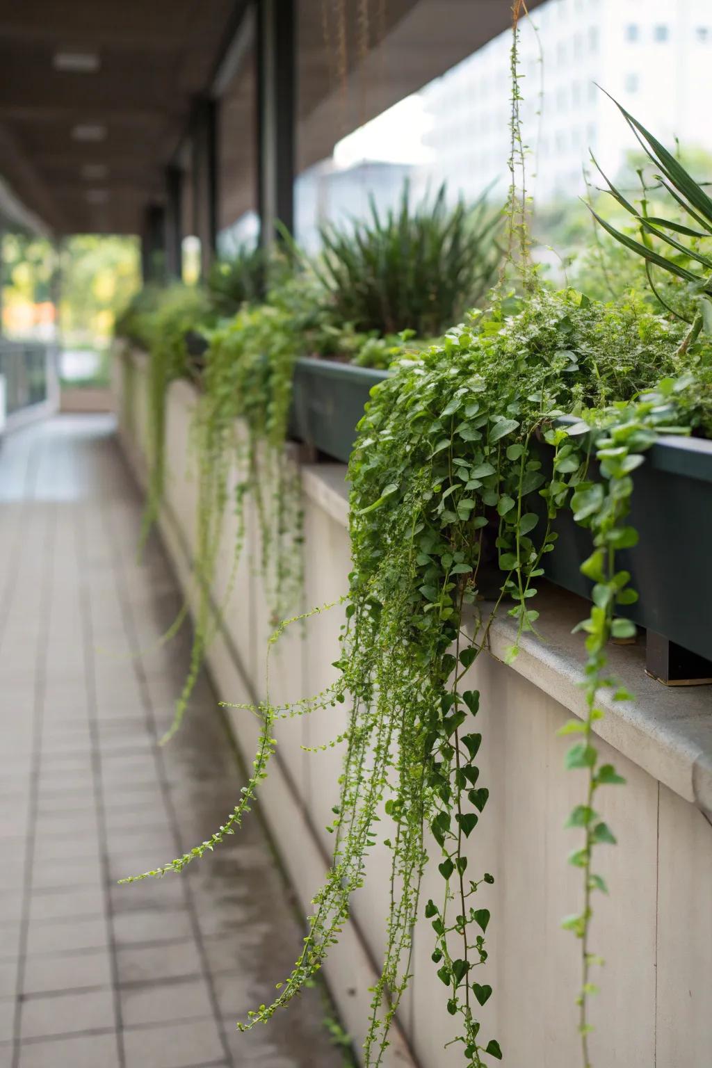 Cascading plants soften the contours and fabricate visual current upon this botanical ledge.