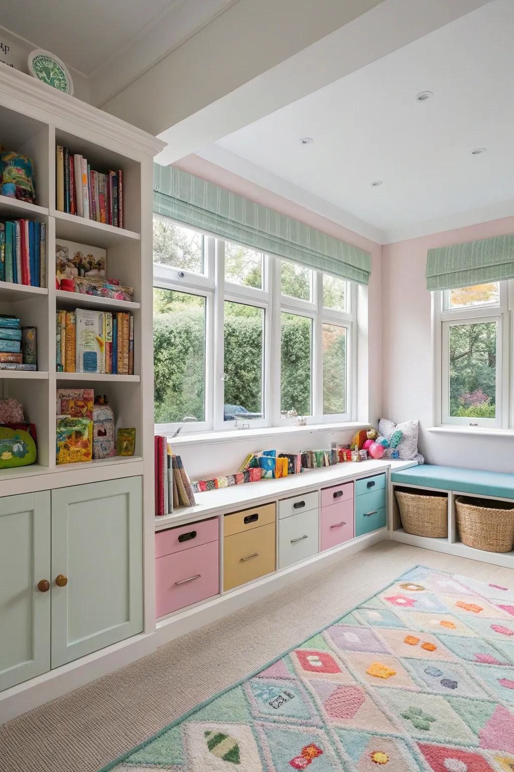 An amusement zone with clever concealed storage space options.