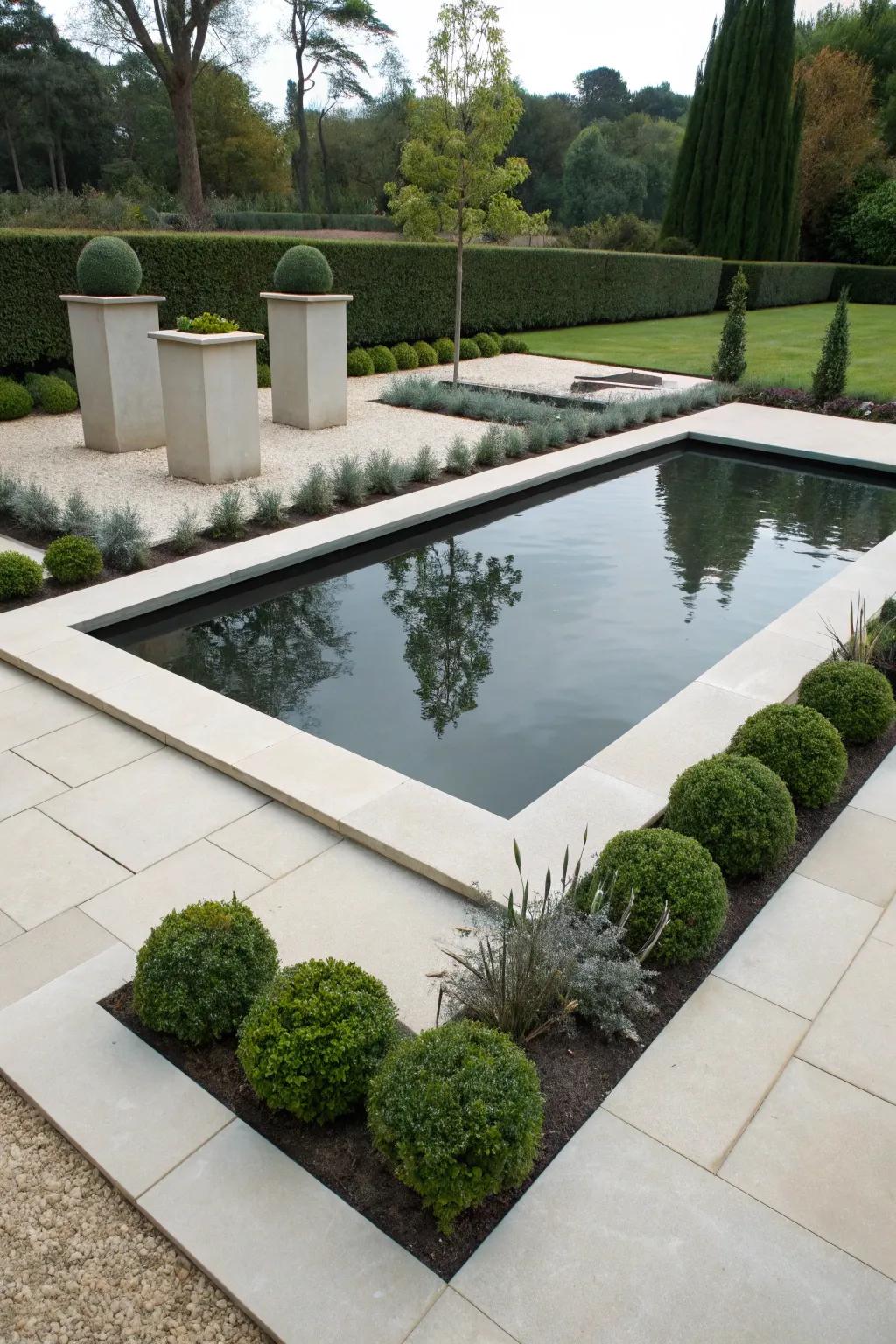 A minimalist geometric pond offers a sleek and modern garden focal element.