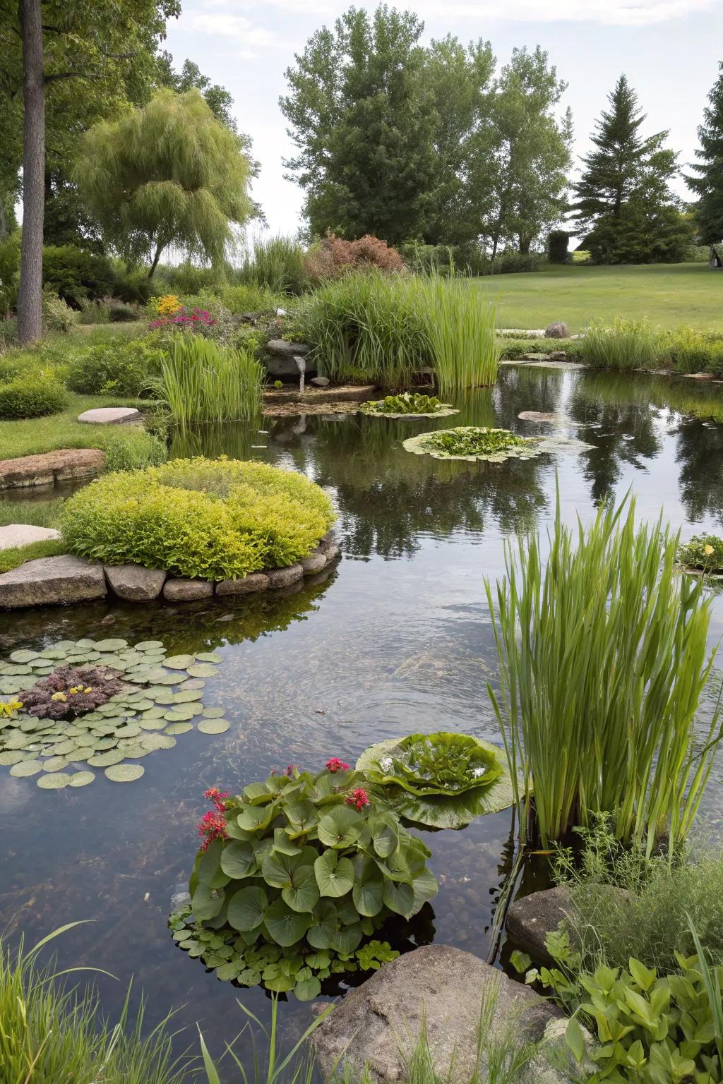 Floating flora, contributing to a vibrant, engaging pond in a garden.