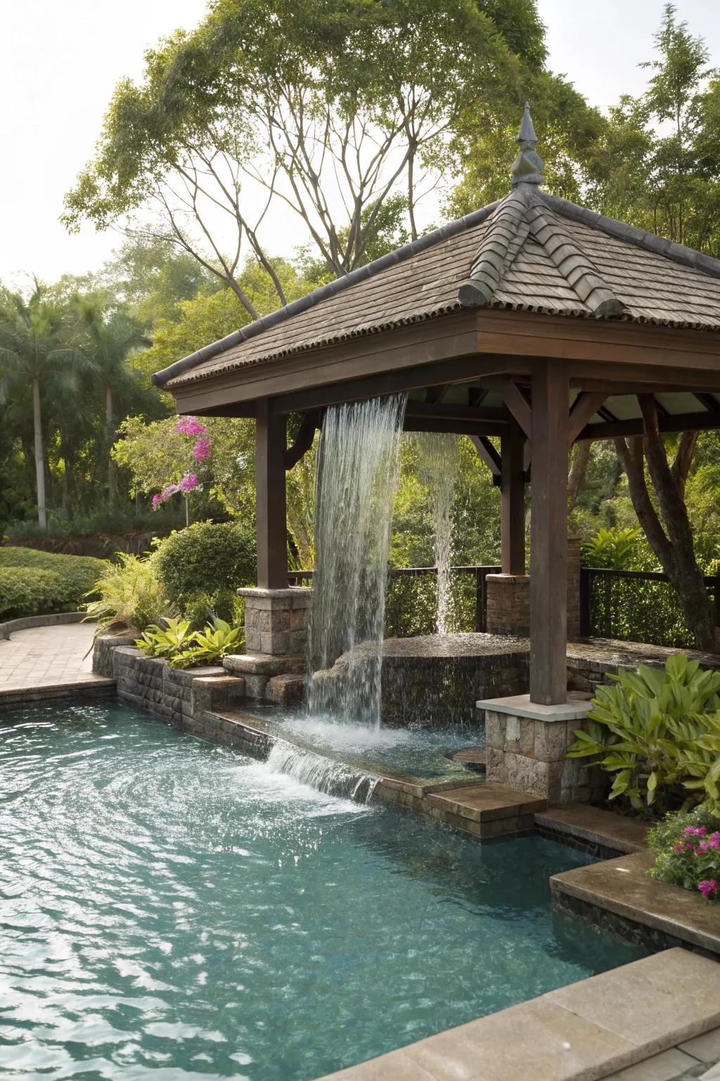 A waterfall feature enhances the gazebo's serenity.