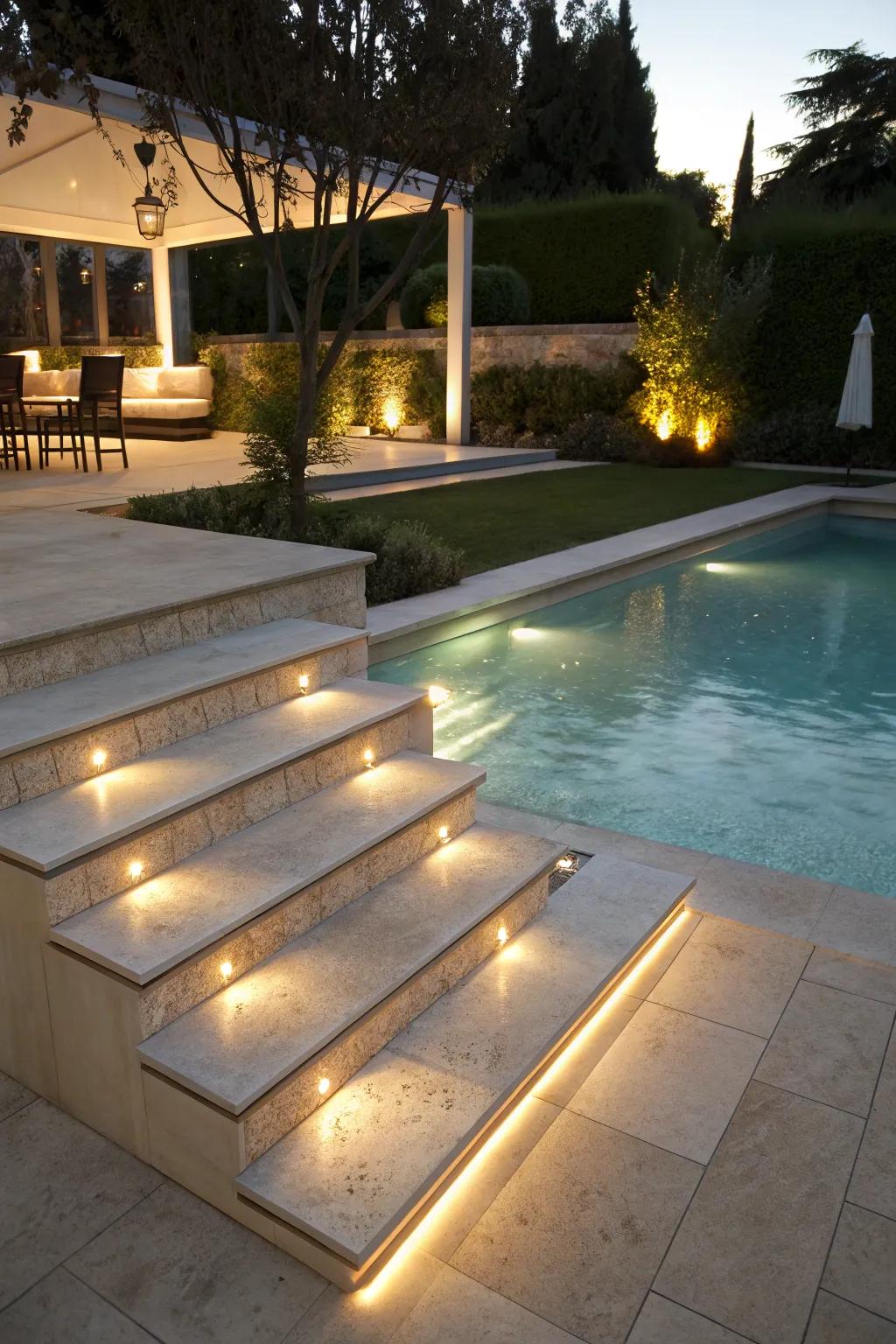 Step lights assure navigation that’s secure and elegant.