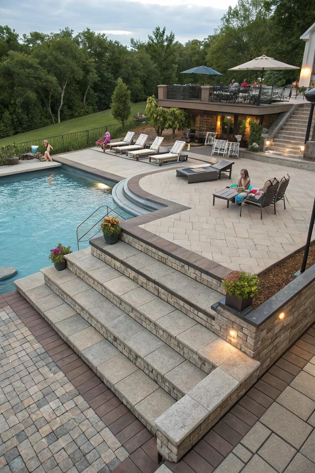 Stacked arrangements add depth and interest to your pool area.