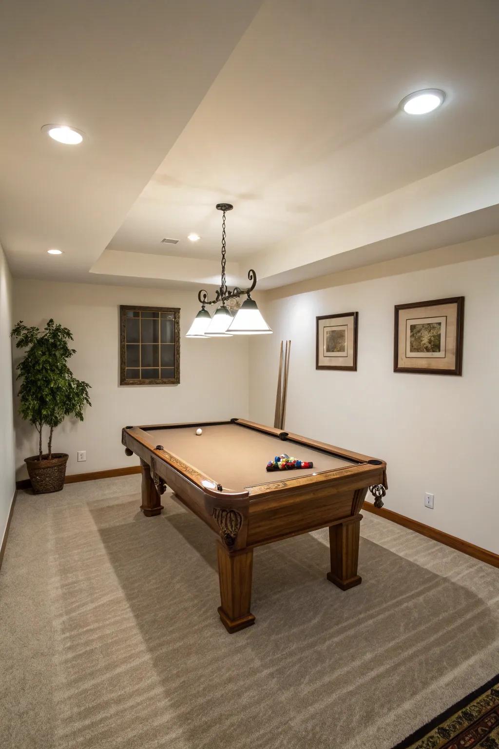 Minimalist decor ensures a clean and elegant look in a small pool table room.