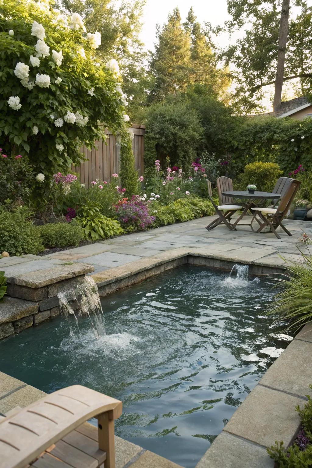 Effervescent water features add a playful and soothing water element to the pool.